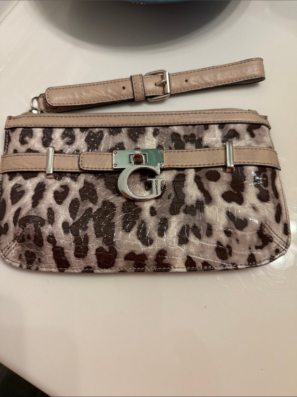 Guess Beige Leopard Print Wristlet Clutch with Silver G Accent